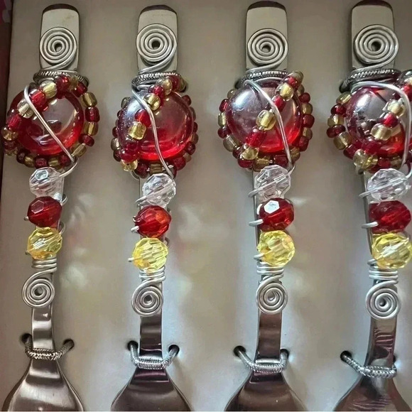 Wild Eye Design Cocktail Christmas Stainless Forks Handcrafted Beaded 3 Prong - Picture 7 of 10